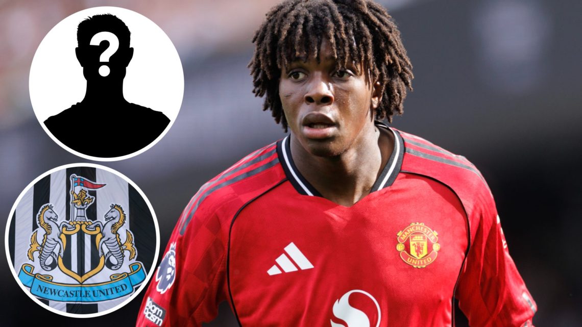 Inset 1, mystery person graphic. Inset 2, Newcastle United badge. Patrick Dorgu playing for Manchester United.