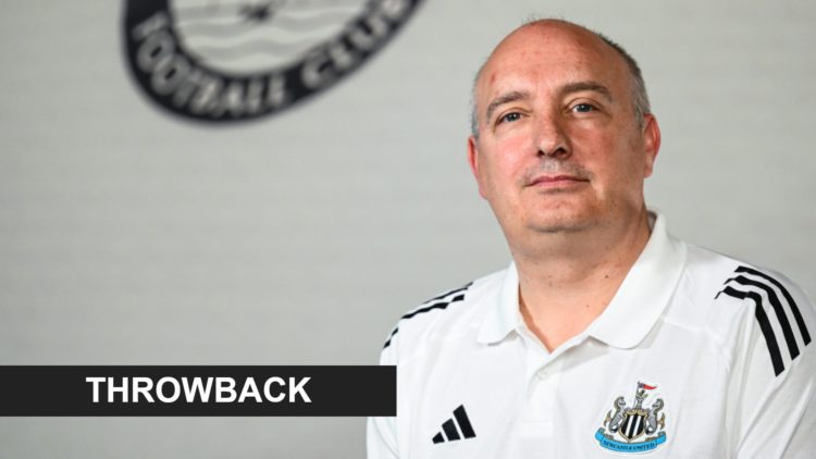 Darren Eales poses in front of a retro Newcastle United crest. Inset: a throwback banner