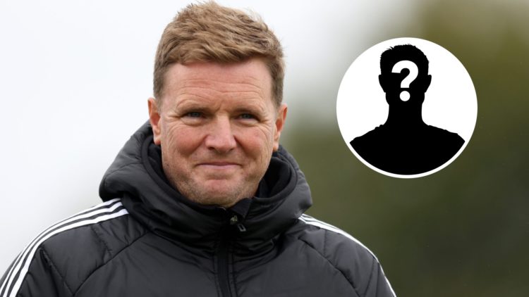 Eddie Howe during a Newcastle United training session. Inset, mystery person graphic.