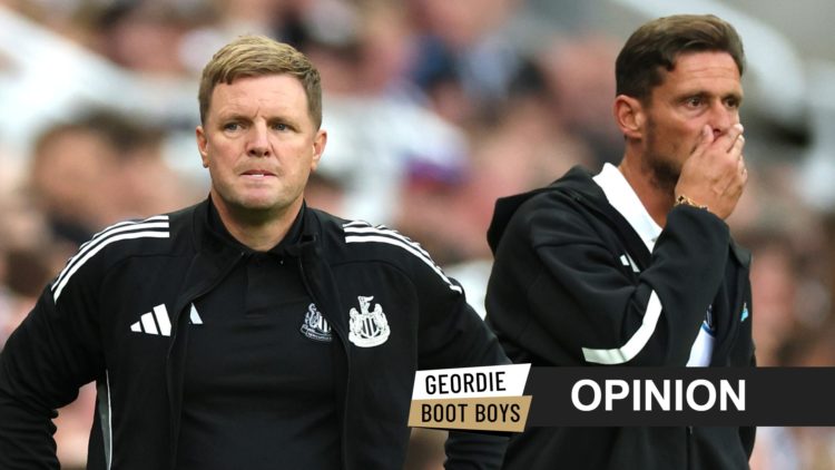 Eddie Howe and Jason Tindall look on during a Newcastle United game