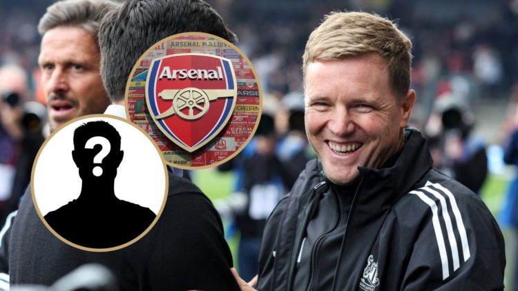 Eddie Howe laughs with Andoni Iraola, Arsenal badge, mystery player.