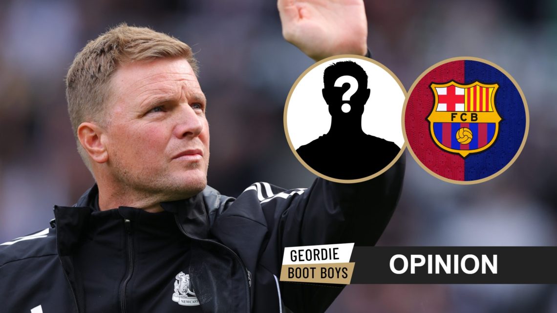 Eddie Howe waves to the Newcastle United crowd, Barcelona badge, mystery player.