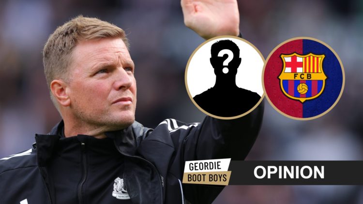 Eddie Howe waves to the Newcastle United crowd, Barcelona badge, mystery player.