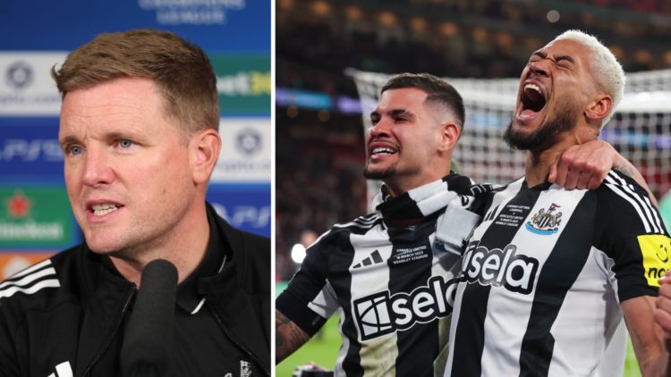 Newcastle United manager Eddie Howe speaks to the media, Bruno Guimaraes and Joelinton celebrate winning the Carabao Cup.