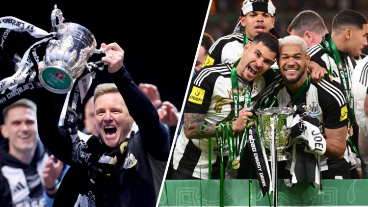 Eddie Howe celebrates with the Carabao Cup trophy, Bruno Guimaraes and Joelinton celebrate with the Carabao Cup trophy.