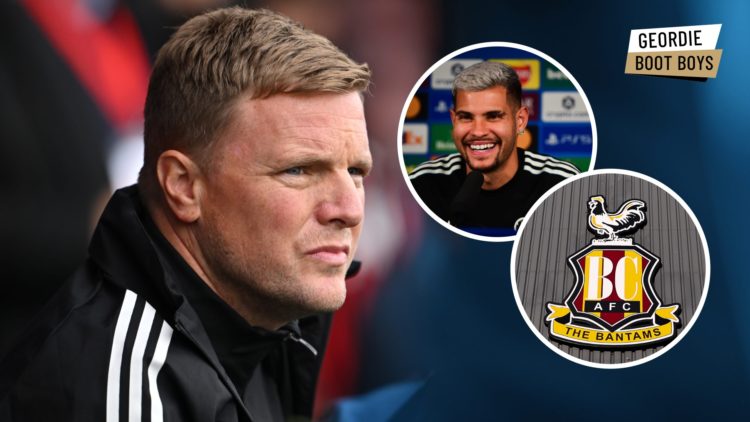 Newcastle United manager Eddie Howe looks on, Bruno Guimaraes speaks to the media, Bradford City badge.