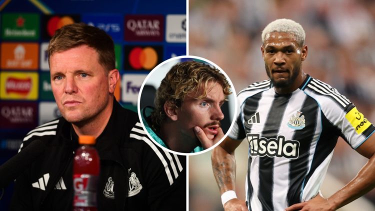 Eddie Howe speaks to the media, Joelinton playing for Newcastle United, Nick Woltemade sits on the Newcastle United bench.