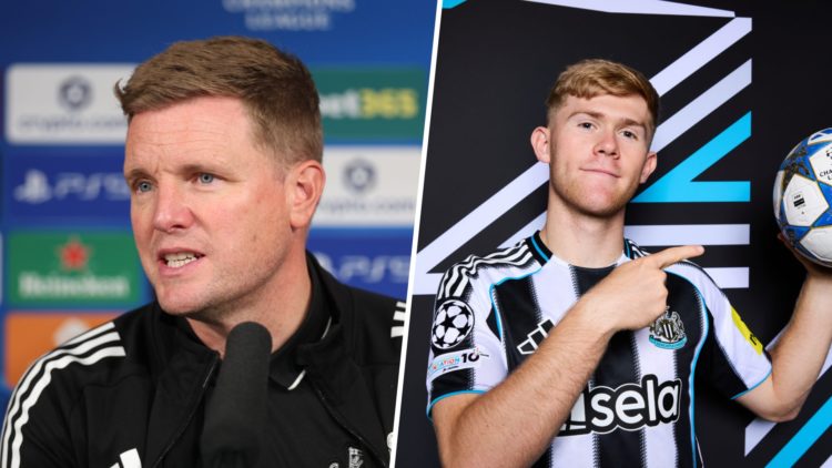 Eddie Howe speaks to the media, Lewis Hall poses for Newcastle United's Champions League photoshoot.