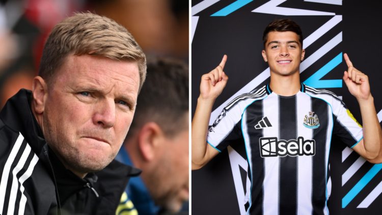 Newcastle United manager Eddie Howe looks on, Lewis Miley poses for Newcastle United's Champions League photoshoot.