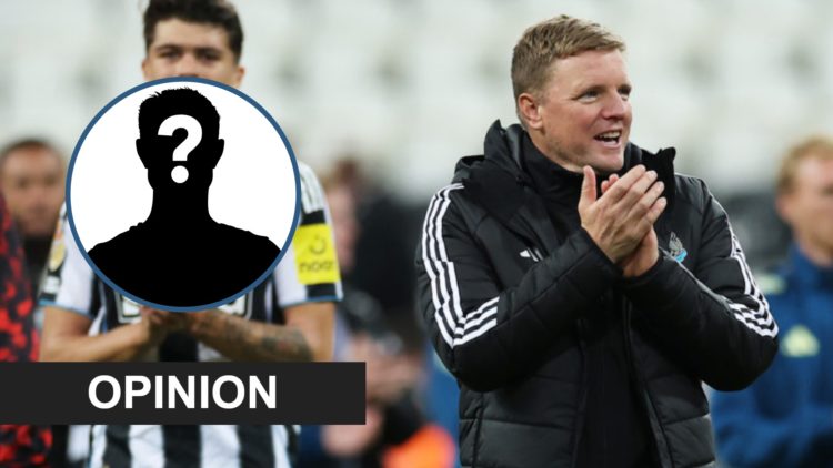 Eddie Howe claps the Newcastle United fans after beating Bradford City, mystery player.