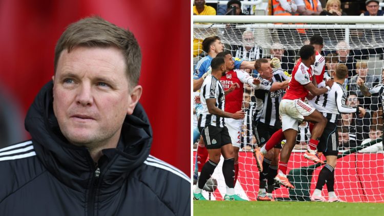 Newcastle United manager Eddie Howe looks on, Dan Burn and other Newcastle United players cannot prevent Gabriel from scoring for Arsenal.