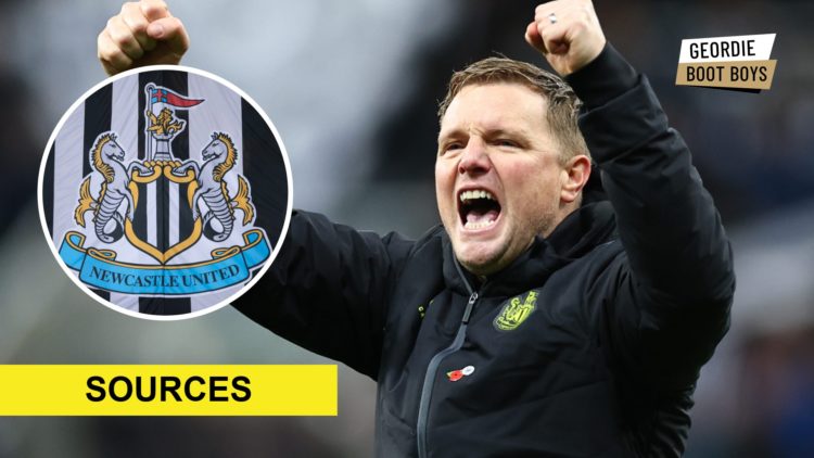 Eddie Howe celebrates a Newcastle United win, Newcastle United badge