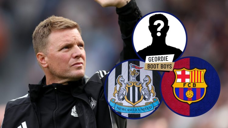 Eddie Howe waves to the Newcastle United fans, Newcastle United badge, Barcelona badge, mystery player.