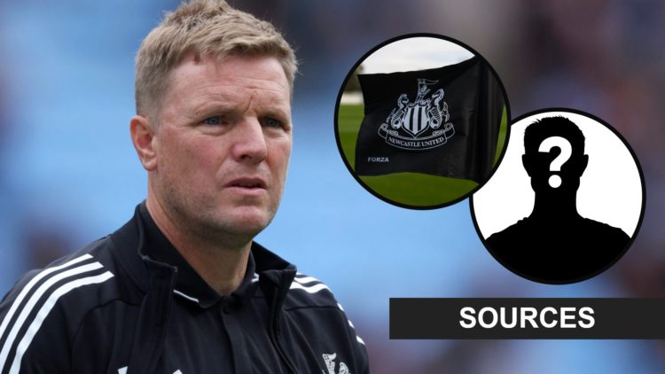 Eddie Howe looks on after Newcastle United's draw with Aston Villa, Newcastle United badge, mystery player