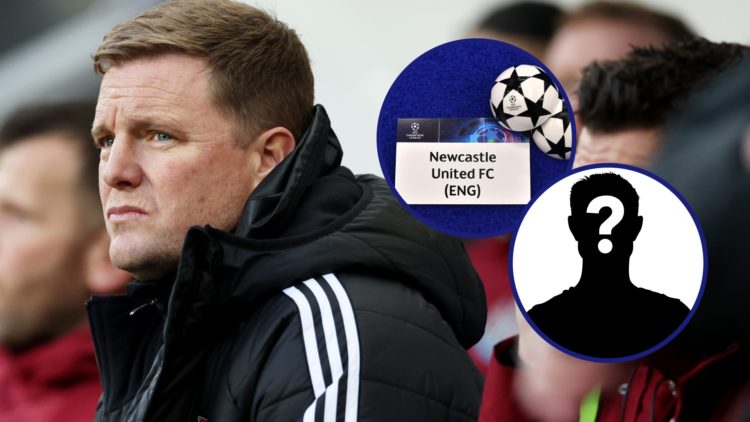 Newcastle United manager Eddie Howe looks on, Newcastle United's Champions League ball, mystery player