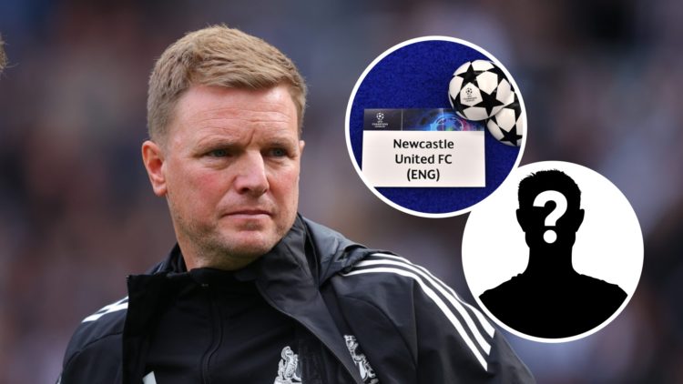 Newcastle United manager Eddie Howe looks on, Newcastle United's ball for the Champions League draw, mystery player