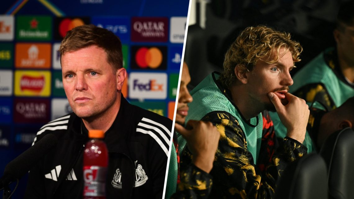 Eddie Howe speaks to the media before Newcastle United vs Barcelona, Nick Woltemade sitting on the Newcastle United bench.