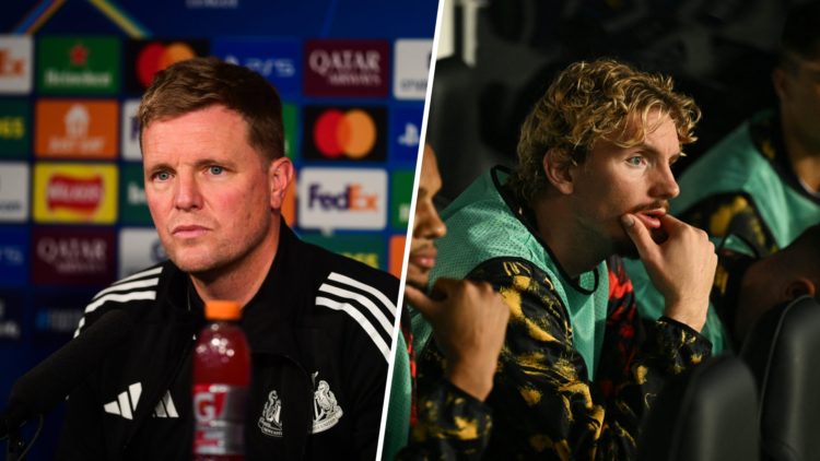 Eddie Howe speaks to the media before Newcastle United vs Barcelona, Nick Woltemade sitting on the Newcastle United bench.