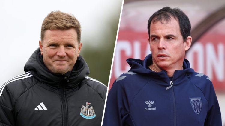 Eddie Howe looks on during a Newcastle United training session, Regis Le Bris on the touchline at the Stadium of Light.