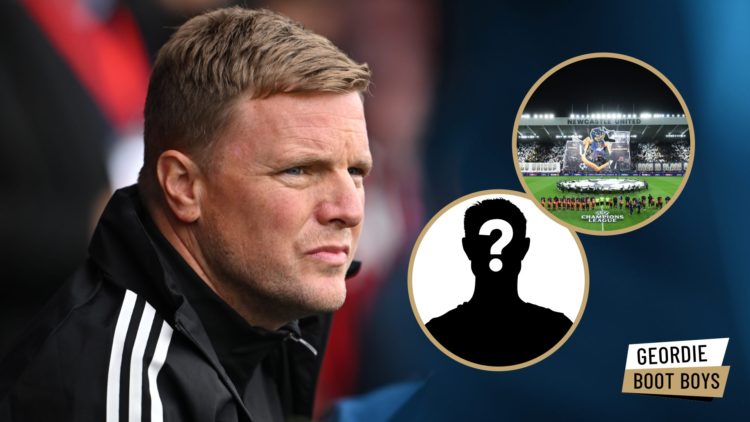 Newcastle United manager Eddie Howe looks on, Wor Flags' pre-Barcelona display inside St James' Park, mystery player