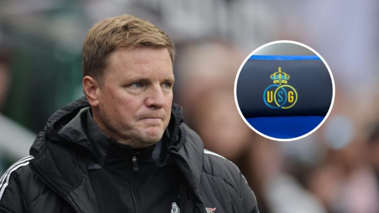 Newcastle United manager Eddie Howe looks on, Union Saint-Gilloise badge
