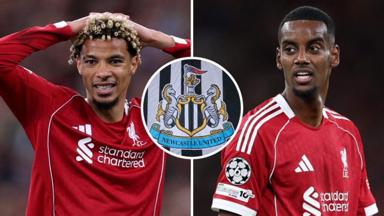 Hugo Ekitike playing for Liverpool. Inset, Newcastle United badge. Alexander Isak playing for Liverpool.