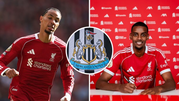 Hugo Ekitike playing for Liverpool FC in the Premier League. Alexander Isak signing for Liverpool. Inset, Newcastle United badge.