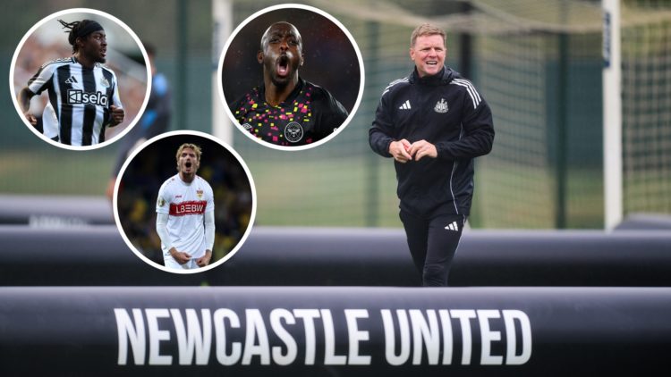 Inset 1, Anthony Elanga. Inset 2, Yoane Wissa. Inset 3, Nick Woltemade. Eddie Howe at the Newcastle United training ground.
