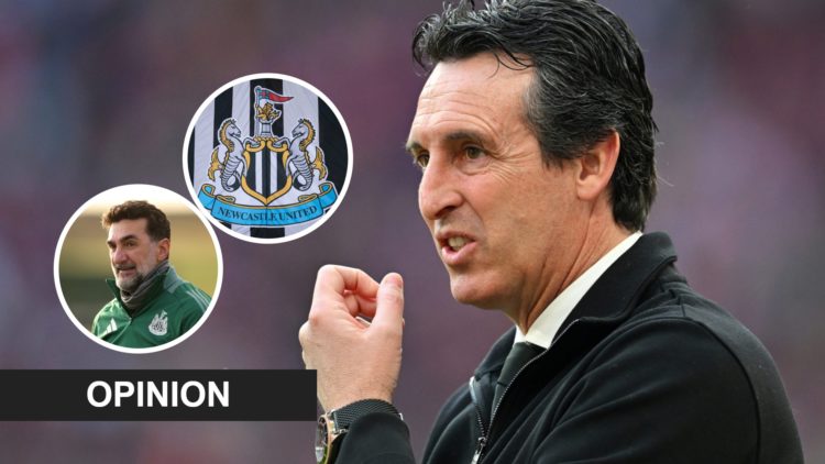 Unai Emery looks on during Aston Villa's game against Crystal Palace. Inset: Yasir Al-Rumayyan and The Newcastle United badge.