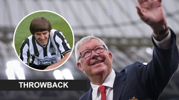 Sir Alex Ferguson looks on ahead of the 2025 Europa League final. Inset: Peter Beardsley with Newcastle United and a throwback banner.