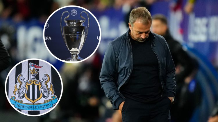 Inset 1, Champions League trophy. Inset 2, Newcastle United badge. FC Barcelona head coach Hansi Flick looks dejected.
