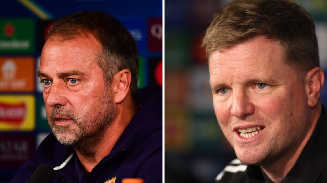 Hansi Flick speaking at a press conference ahead of Newcastle United vs Barcelona. Eddie Howe.