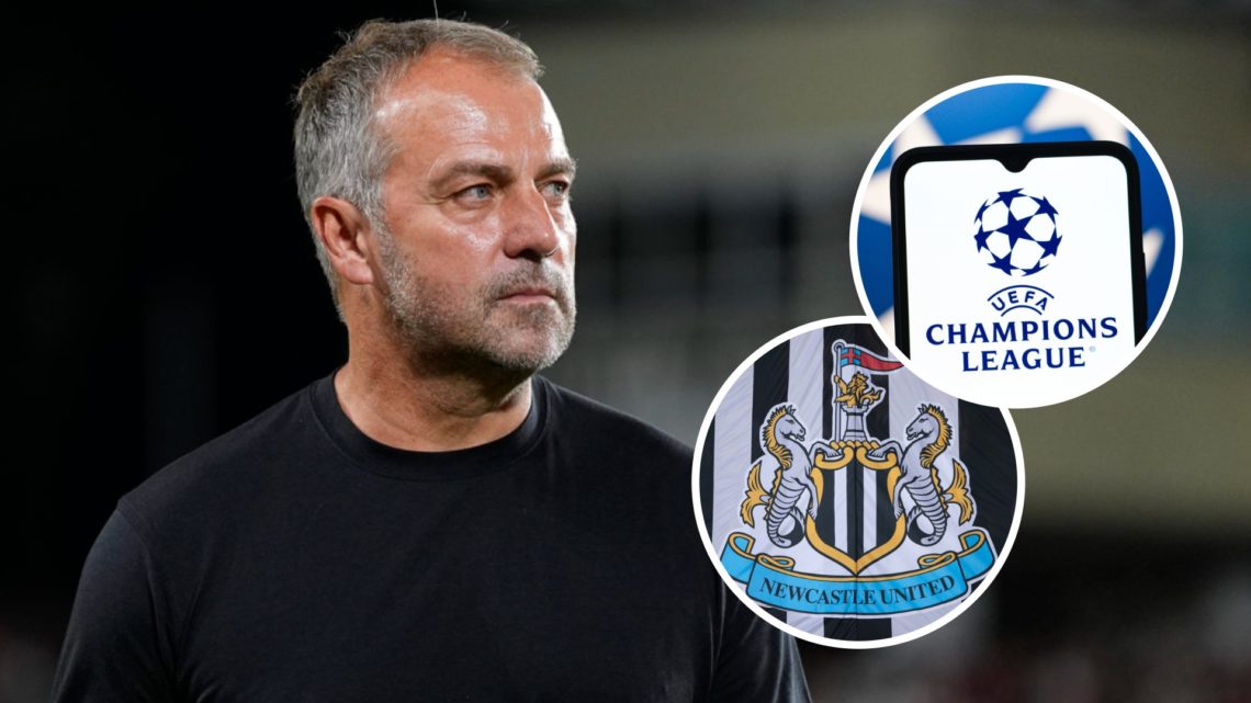 Hansi Flick looks on while managing Barcelona. Inset: the UEFA Champions League logo and the Newcastle United badge on a flag.