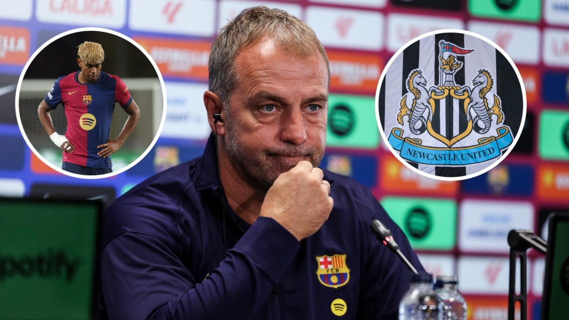 Inset 1, Lamine Yamal. FC Barcelona head coach Hansi Flick. Inset 2, Newcastle United badge.