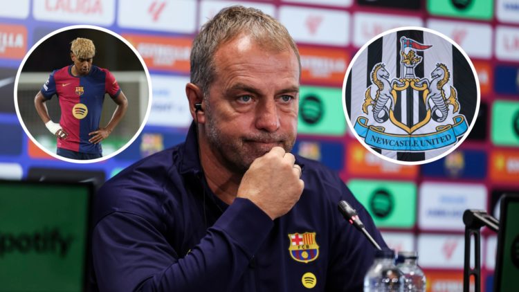 Inset 1, Lamine Yamal. FC Barcelona head coach Hansi Flick. Inset 2, Newcastle United badge.
