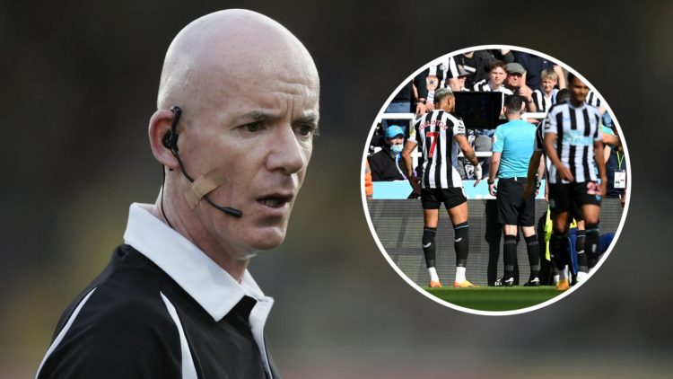 Dermot Gallagher looks on during a game between Watford and Middlesbrough. Inset: Newcastle United players crowding around Chris Kavanagh who is lo...