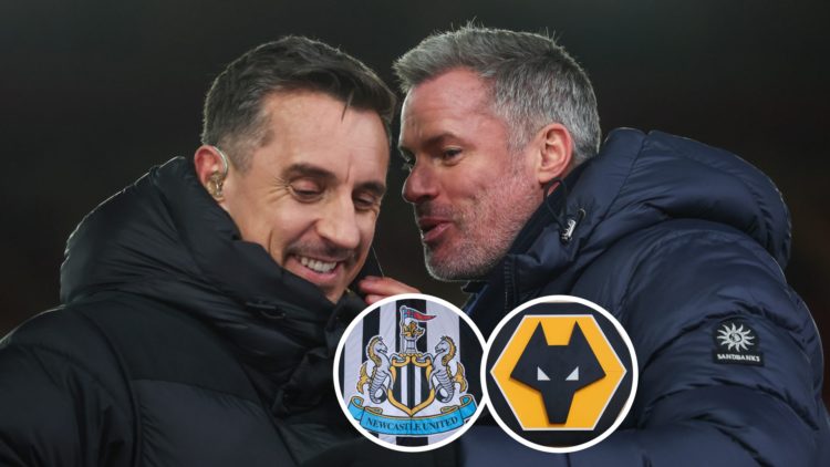 Gary Neville and Jamie Carragher laugh together while doing punditry, Newcastle United badge, Wolves badge