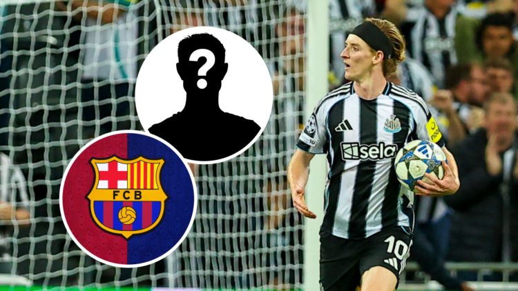 Anthony Gordon after scoring a goal during a Champions League game between Newcastle United and Barcelona. Inset: the Barcelona badge and a mystery...