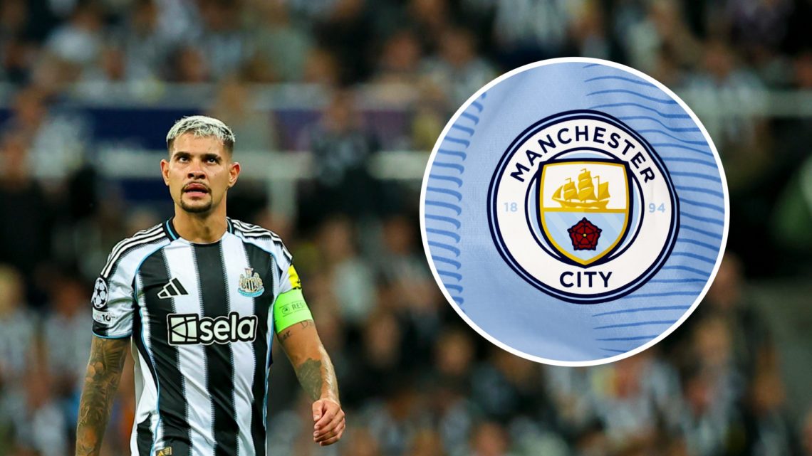 Bruno Guimaraes playing for Newcastle United against Barcelona in the Champions League. Inset, Manchester City club badge.
