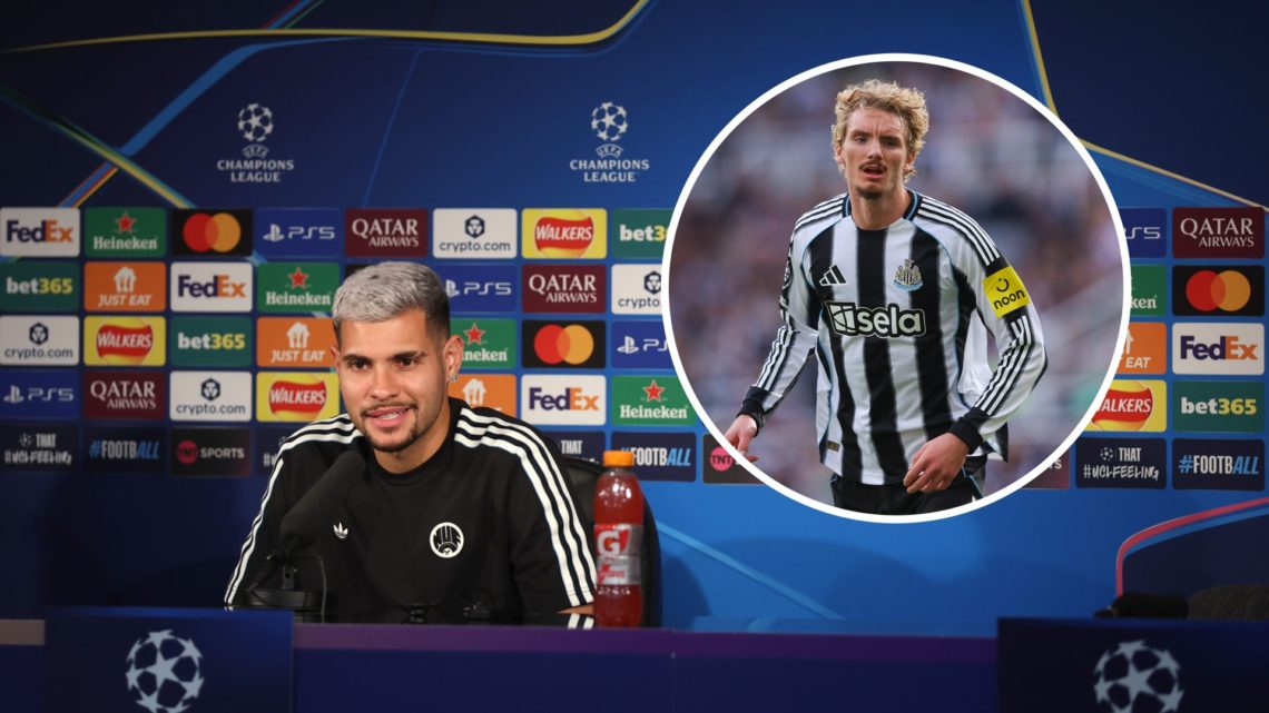 Bruno Guimaraes speaking at a press conference ahead of Newcastle United vs Barcelona in the Champions League. Nick Woltemade.