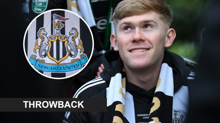 Lewis Hall looks up during Newcastle United's bus parade after winning the Carabao Cup. Inset: the Newcastle United badge on a flag and a throwback...