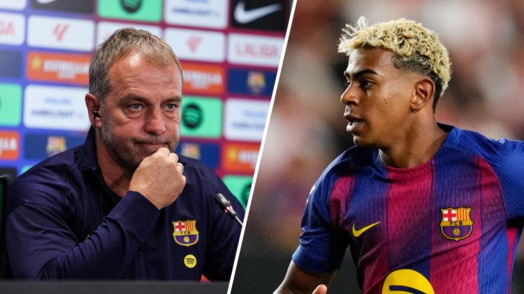 Hansi Flick speaks to the media, Lamine Yamal playing for Barcelona.