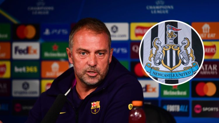 Barcelona manager Hansi Flick speaks to the media, Newcastle United badge.