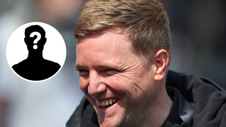 Inset, mystery person graphic. Newcastle United manager Eddie Howe smiling.