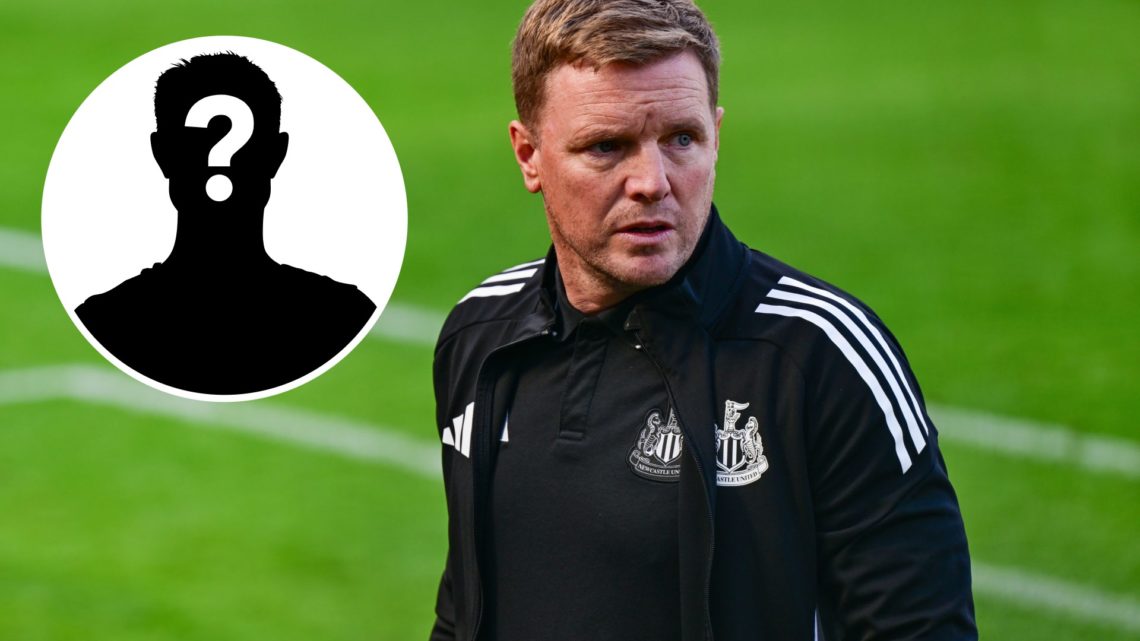 Inset, mystery person graphic. Eddie Howe looks on before a Newcastle United game.