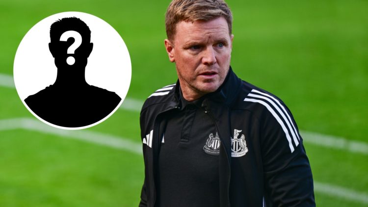 Inset, mystery person graphic. Eddie Howe looks on before a Newcastle United game.