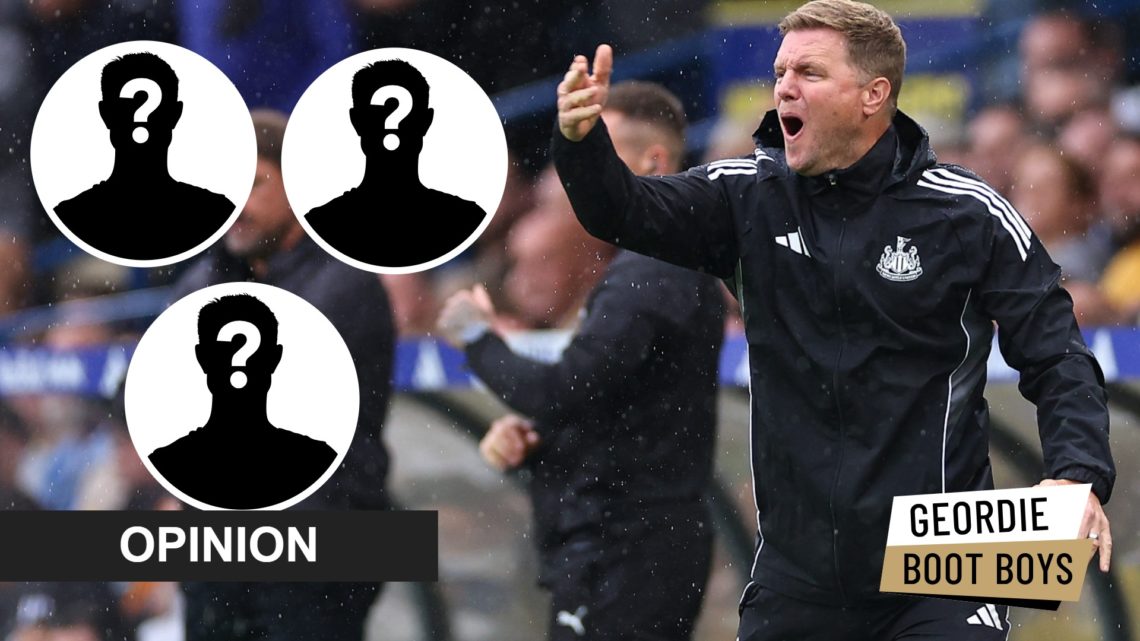 Insets, mystery person graphics. Eddie Howe reacts on the touchline during Leeds vs Newcastle United.