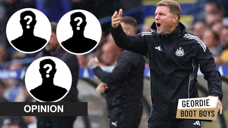 Insets, mystery person graphics. Eddie Howe reacts on the touchline during Leeds vs Newcastle United.