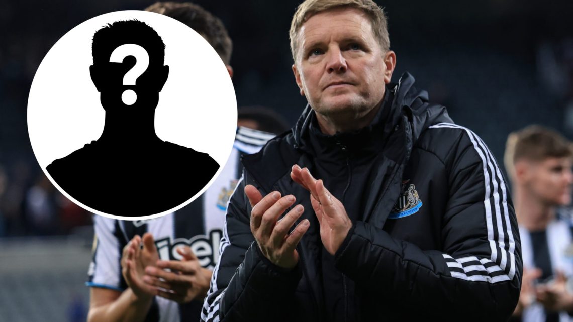 Inset, mystery person graphic. Eddie Howe claps towards Newcastle United fans.