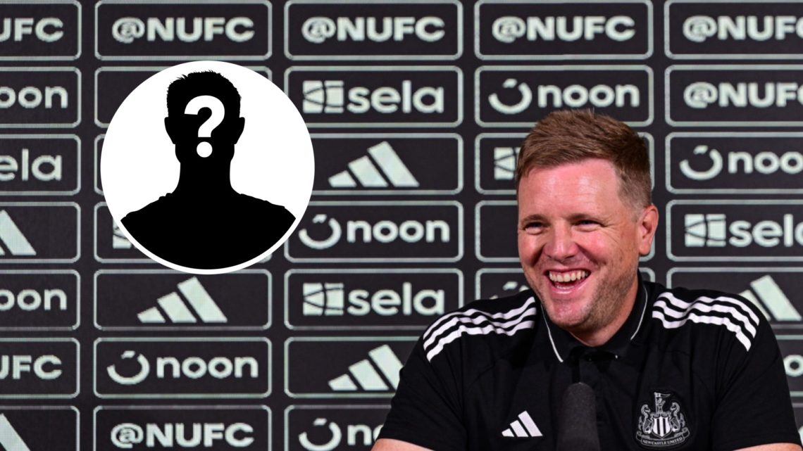 Inset, mystery person graphic. Newcastle United manager Eddie Howe laughs during a press conference.